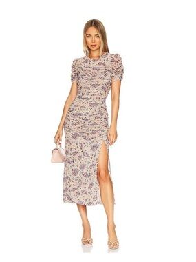 Free People Blush Floral Ruched Midi Dress with Side Slit Detail